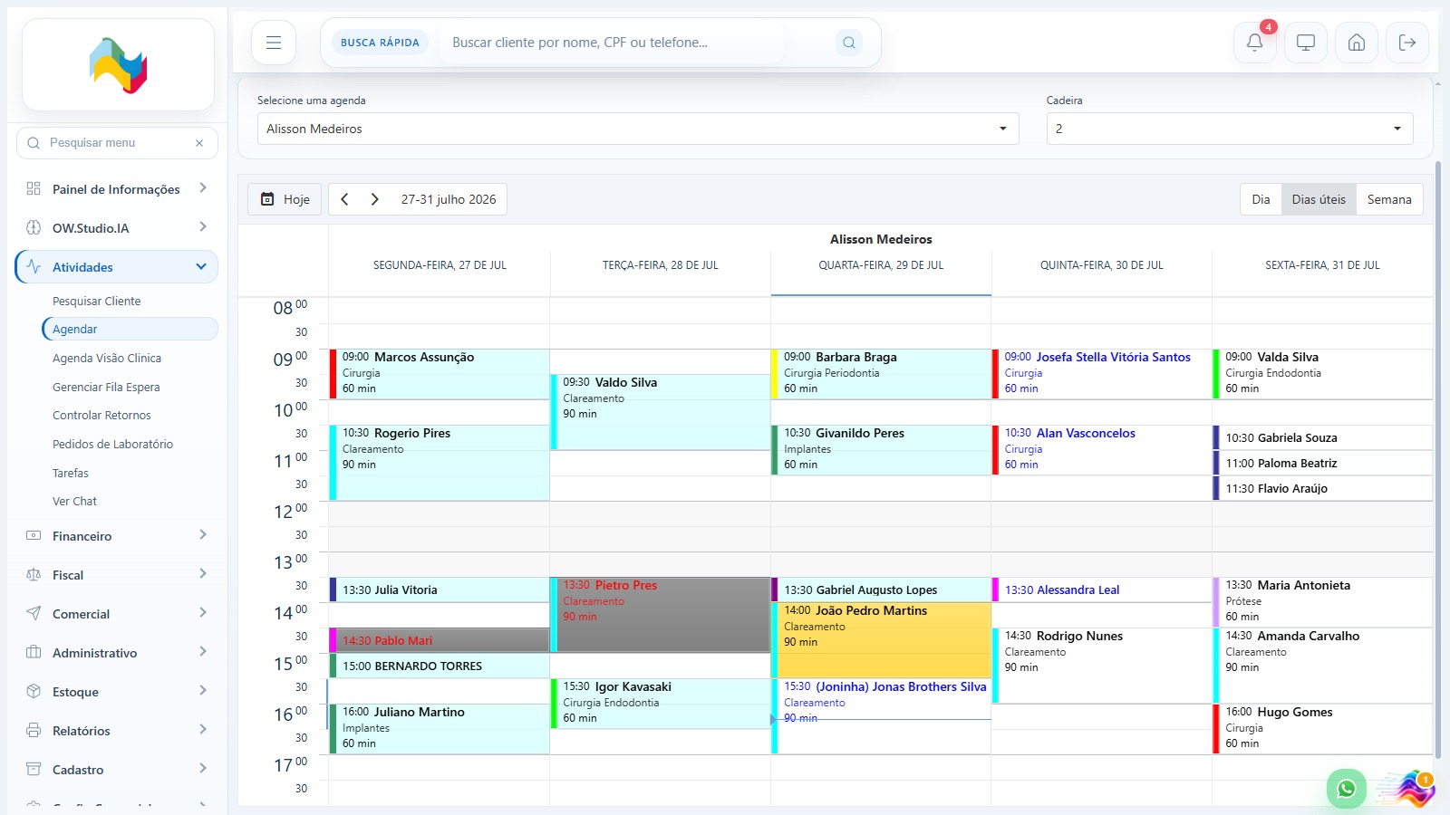 Agenda semanal do OW.Cloud com consultas, cadeiras e status dos pacientes