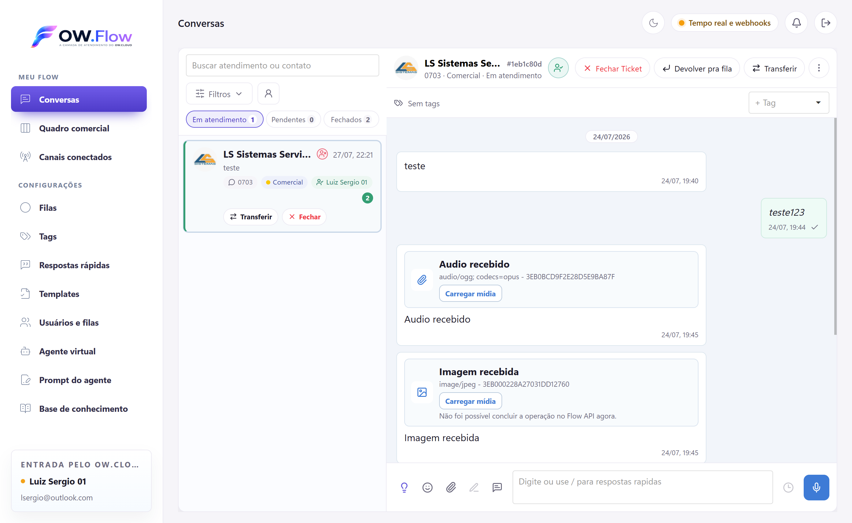 OW.Flow, a camada de atendimento do OW.Cloud, com conversas, filas e canais conectados