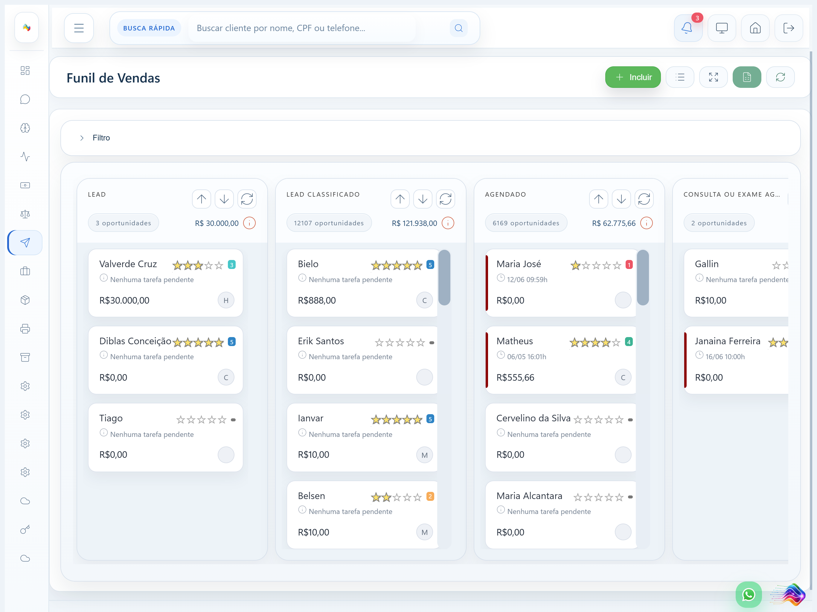 Funil de vendas (CRM) do OW.Cloud em formato kanban com oportunidades por etapa