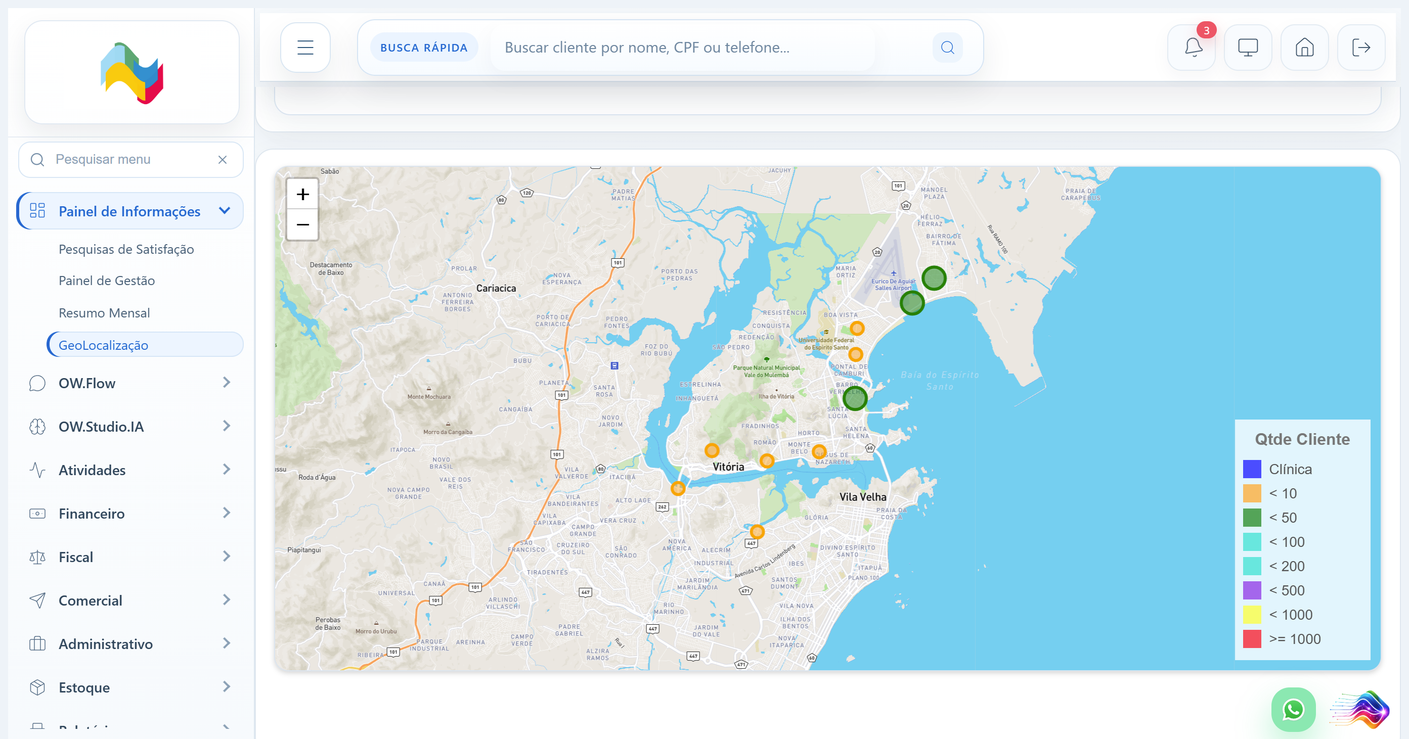 Geolocalização dos pacientes no mapa, por bairro, no Painel de Informações do OW.Cloud